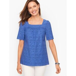 Talbots SZ XL Periwinkle Blue Eyelet Cotton Top Square Neck Cottagecore Short Sl